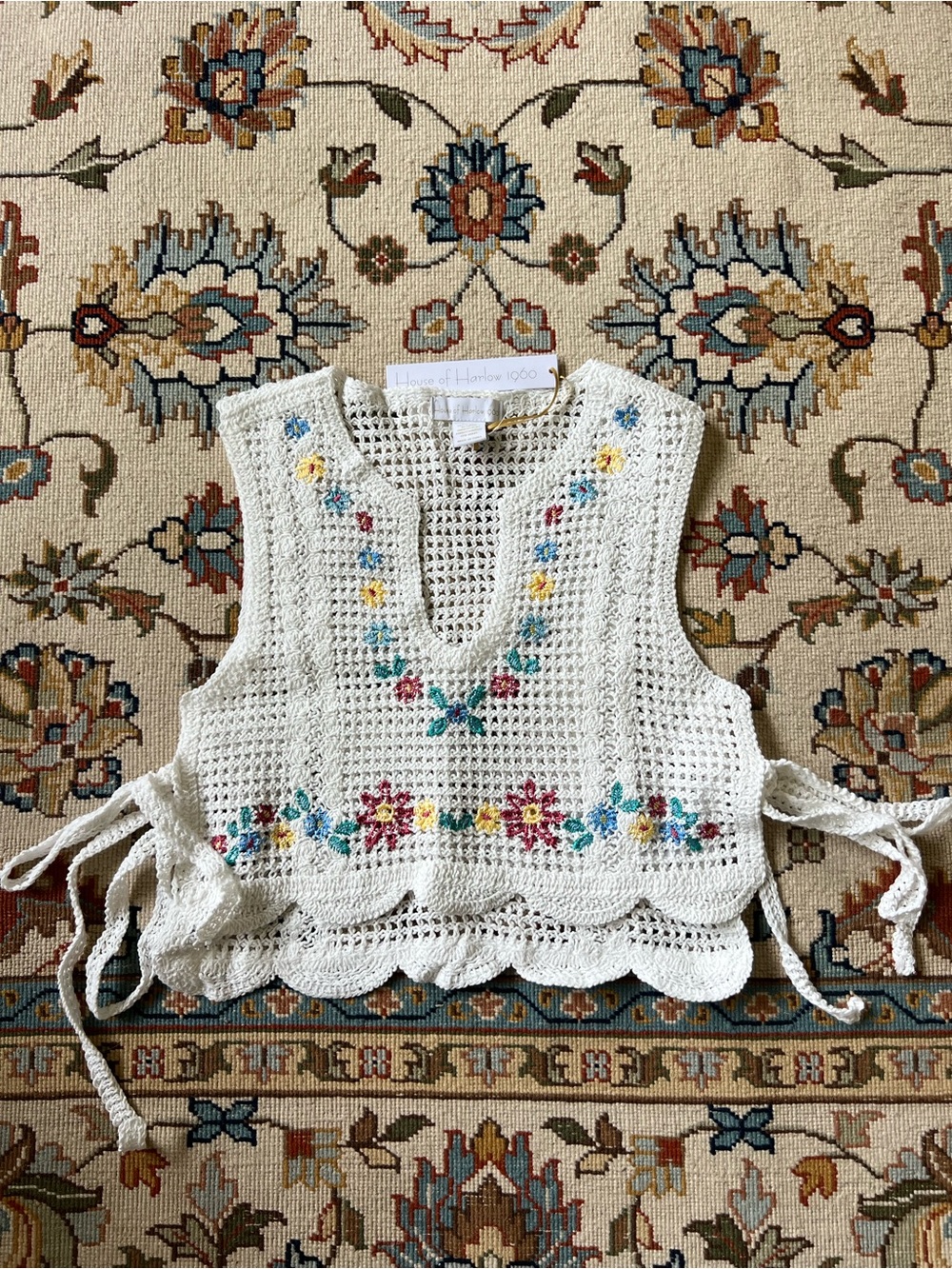 Crocheted Floral Side Tie Crop Top - Cream Embroidered Tank House of Harlow